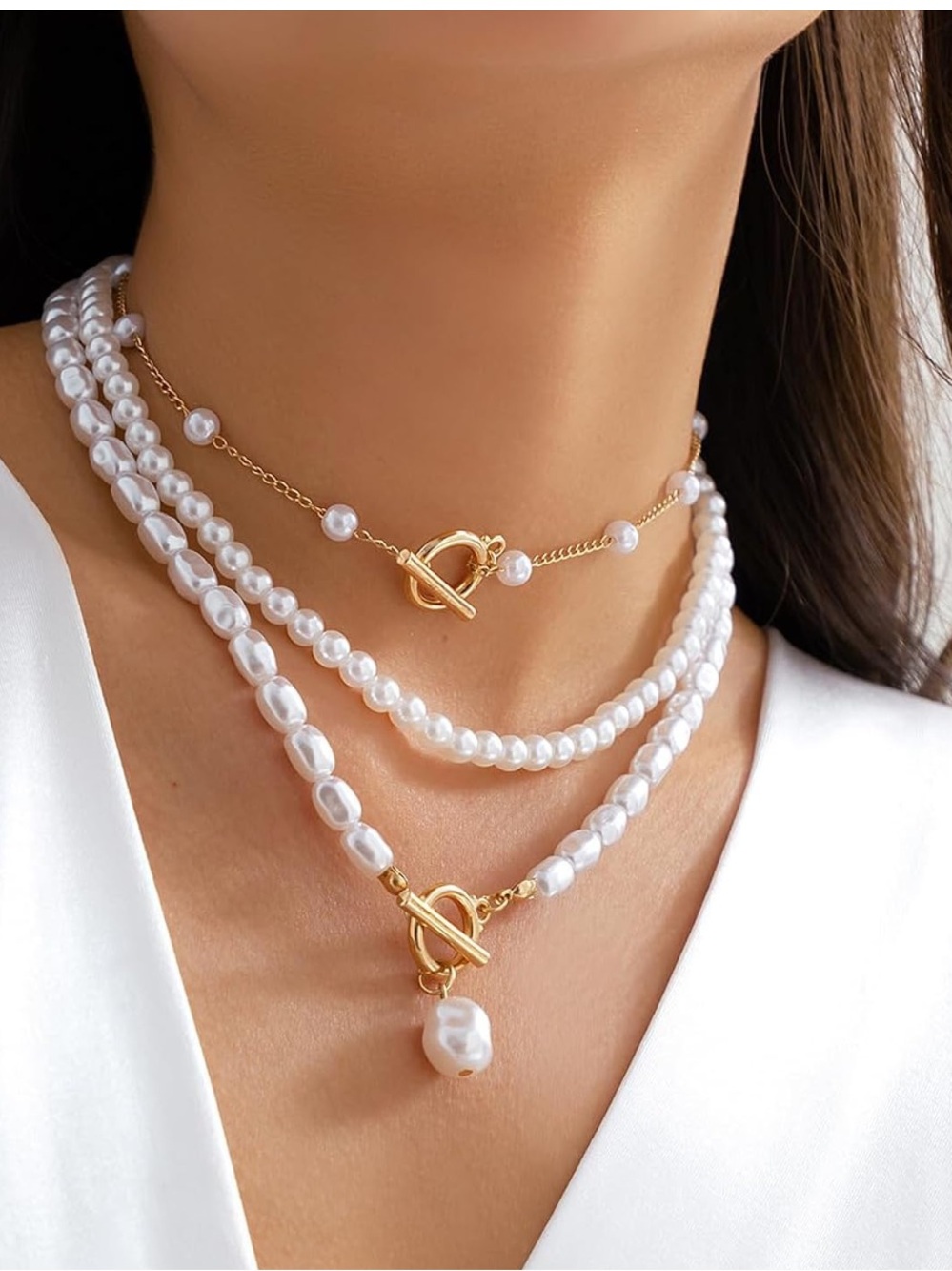 Anthropologie Gold & White Layered Pearl Toggle Necklace